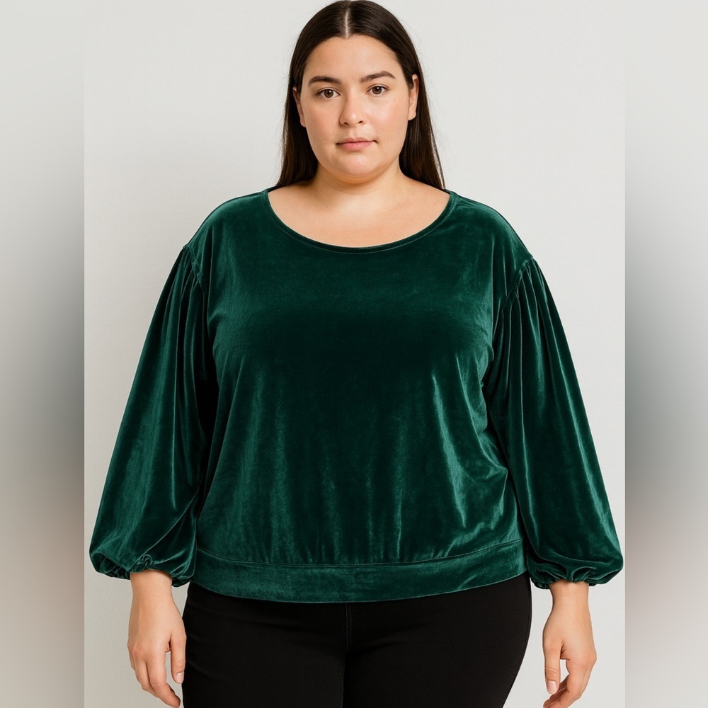 Ellos Forest Green Velvet Balloon Long 
Sleeve Blouse Festive Size Lg